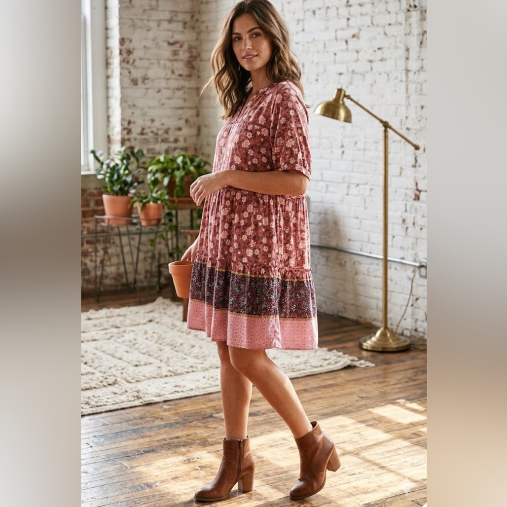 Knox Rose Women’s XL Bohemian Floral Midi Dress NWT
